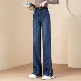 Jeans da donna con spacco e gamba larga, pantaloni da donna, vita alta, primavera e autunno, drappeggio, lungo, ampio, dritto, taglia grande