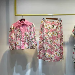 Calça feminina de designer australiano, camisa de manga comprida com estampa floral de duas peças e calças