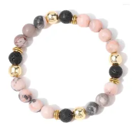 Strand Natural Pink Zebra Stretch Armband för kvinnor Män Guldfärg Boll Lava Spacer Pärlor Armband Energiskydd Reiki smycken