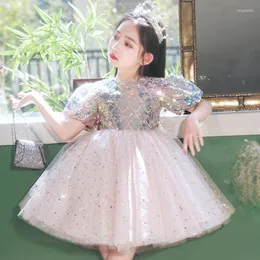 Girl Dresses Children High Quality Formal Dress Shiny Blingbling Puff Sleeves Birthday Party Evening Gown Flower Girls Show Princess