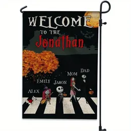 1pc 12x18 pollici Welcome To Our Nightmare Family Horror Decor Halloween Flag Sign Vertical jack-Sally Garden Flag House Flag Per Yard Farmhouse Outdoor