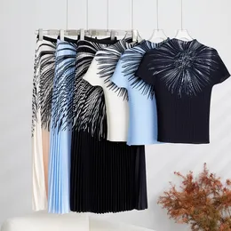 Two Piece Dress Summer Runway 2 Piece Womens Sets Vintage Print Turtleneck Short Sleeve Top Shirt Blouse Midi Pleated Skirt Suits Outfits 2023