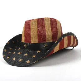 Cappello da sole estivo unisex fatto a mano con bandiera americana da cowboy in paglia con cinturino in pelle USA Cappellini a tesa selvaggia per uomo e donna191A