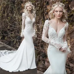 Charming Beaded Lace Mermaid Backless Wedding Dresses Deep V Neck Long Sleeves Bridal Gowns Plus Size Satin robe de mariee