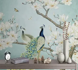 Обои настраивают 3D Обои павлин белые цветы на синем фоне настенных бумаги животных домашние декор