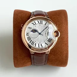 トップファッション自動機械式セルフ巻き取られた時計メンゴールドシルバーダイヤルサファイアガラス40mmクラシックムーンフェーズデザイン腕時計カジュアルレザーストラップ時計1623