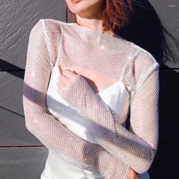 Scarves Colorful Shawl Net Shiny Rhinestones O-Neck Long Sleeve Hollow Out Short Top Women See-Through Mesh Dance Cover Up Club Wear