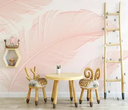 壁紙カスタム壁紙北欧の羽毛ラインピンクの葉自己接着ピールスティックウォール壁画装飾PVC