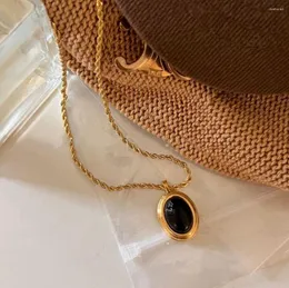 Kedjor 2023 Vintage Black Water Drop Round Pärlor Oval Pendant Necklace Geometric Gold Color Titanium Steel smycken gåvor