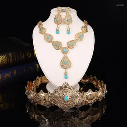 Necklace Earrings Set Luxury Arab Bridal Jewelry Gold Plated For Women's Caftan Waist Chain Embellished Adjustable Length Body