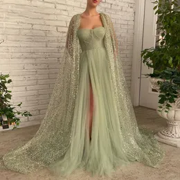 Sage Green A Line Prom Dresses Glitter Sequin Cape Sweetheart High side Slit Maxi Evening Gowns Formal Party Vestido De Graduacion