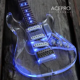 Nowy przyjęcie Acepro LED LED Electric Electric Guitar Acryl Body Blue LED Transparent Pickguard Knobs 3 Pojedyncze pickupy klon szyi