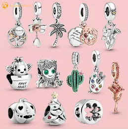 925 Sterling Silber für Pandora-Charms, authentische Perlen-Anhänger, Kleeblatt, Rose, Kaktus, Sonnenblume, Kürbis, Kokosnussbaum