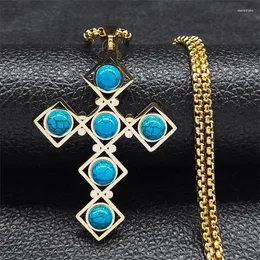 Pendant Necklaces Boho Stainless Steel Blue Stone Necklace For Women Men Cross Sweather Chain Long Jewelry Reiki Healing Gift NX