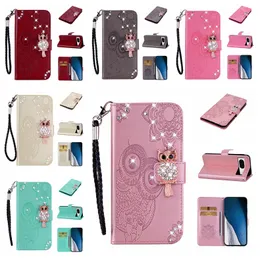 Bling Diamond 3D Owl Leather Wallet Cases For Iphone 15 Plus Pro Max Samsung A34 A54 5G A24 4G Google Pixel 8 7 7A Flower Print Lace Card Holder Flip Cover Pouch Strap