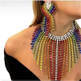 Zestawy biżuterii ślubnej Rainbow Long frędzle kolczyki Zestawy biżuterii dla kobiet Ogromny rozmiar Krystalicznie kolorowy naszyjnik zestaw 230609