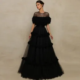 Urban Sexy Dresses See Throught Black Tulle Ball Gown Oneck Woman Clothes Aline Evening For Women Ruffled Prom Dress Short Sleeve 230612