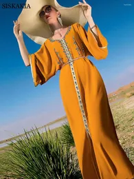 Casual Dresses Hand-Sewn Diamond Dubai Dress Orange Rhinestones Golden Ribbon V Neck Raglan Long Sleeve Moroccan Caftan Loose Traval Abaya