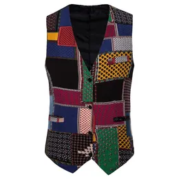 Blazers LUCLESAM Men Bohemia Patch Stitching Vintage Vest Single Breasted V Neck 2022 Ethnic style Waistcoat chaleco hombre Dashiki vest