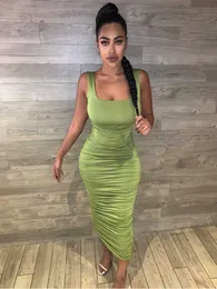 Casual Dresses Ruched Solid Sexy BodyCon Party Dresses Women Fashion Sleeveless Skinny Clubwear Basic Hot Midi Dress 2023 Slim Female Z0612