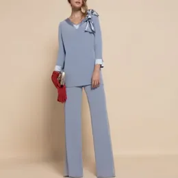 Modern 2 stycken Mor till bruden Suits V Neck 3/4 Sleeve Chiffon Wedding Guest Outfit klänningar Golvlängd Kvinnor Summer Pants Sut 415