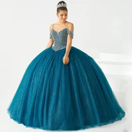 Glamorös pärlstav quinceanera klänningar spaghetti rem turkos söt 15 prom glitter boll klänning vestidos de 16 anos för födelsedag kväll fest 415