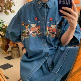 Hip Hop Bear Butterfly Embroidery Blue Denim Shirts Women Short Sleeve Casual Shirts Men Gothic Harajuku Button Up Shirts