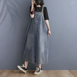 Vrijetijdsjurken SuperAen Koreaanse retro denim riemjurk 2023 Dames zomer losse stijl lang