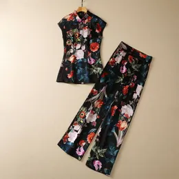 2023 Summer Black Floral Print Two Piece Pants Sets Sleeveless Stand Collar Panelled Top & High Waist Long Pants Suits Set Two Piece Suits S3L070601