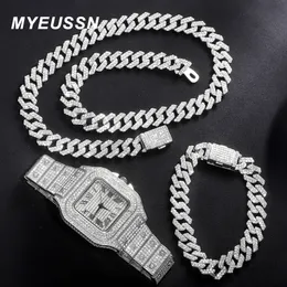 Colares com Pingente Hip Hop 13 MM Corrente Cubana 3 PÇS RelógioColar Pulseira Cristal Iced Out Correntes Cubanas Para Mulheres Homens Jóias Presente 230609