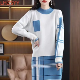 فستان من قطعتين lhzsyy spring cashmere مجموعة تنورة من Women 'مرنة الخصر المباراة ملون Pullover النقي الصوف متماسكة أعلى twopiece 230612