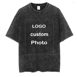 Men's T Shirts Custom Logo Po Washed Shirt Streetwear Personalized Printed Cotton Tshirt Unisex Oversize Vintage Short Sleeves