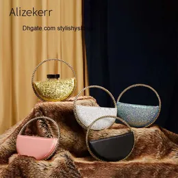 Bolsas de mão redondas com lantejoulas para noite feminina 2020 novo designer com alça de metal com strass bolsa de cetim feminina chique bolsas meia-lua