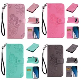 Flower Leather plånbokfodral för iPhone 15 Pro Max Plus Google Pixel 8 7 7A Samsung A34 A54 5G A24 4G Fashion Owl Print Lace Card Holder Flip Cover Night Bird Pouches Strap