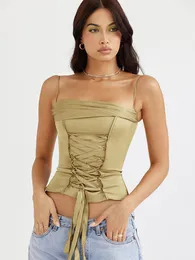 Camis Mozision Satin Laceup Sexy Crop Top Women Fashion Offshelder بلا أكمام قصاصات قم بتصميم قمم النادي الإناث قمم الحفلات