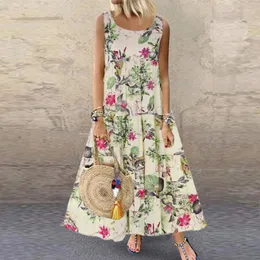 Casual Dresses Floral Print Bohemian Dress Summer ärmlös o-hals bomullslinne kvinnor Boho Holiday Beach S-5XL