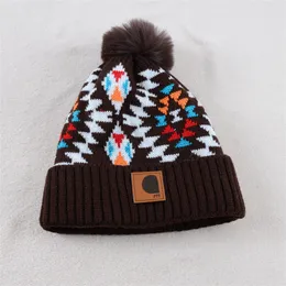 Simple Winter Warm Hat Bohemian Colorful Printing Fur Ball Knitted Hat Trendy All-Match Leisure Pullover Hat