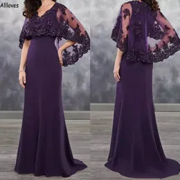 Traube Lila Satin Meerjungfrau Abendkleider Mit Wrap Anmutige Spitze Applikationen Pailletten Perlen Formale Frauen Ballkleider Elegante Plus Größe Kleid Für Besondere Anlässe CL2431