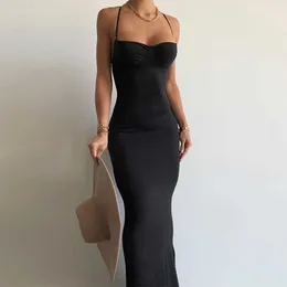 Sukienki swobodne 082 Black Backless Bez rękawów długie sukienki Elegancka seksowna drapowana maxi sukienka letnie wakacje kobiety Z0612