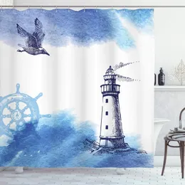 カーテン灯台シャワーカーテンカモメのアンカー付きノスタルジックな水彩画