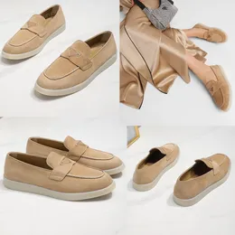 Suede leather loafers Ecru 1D22 Mocassini in pelle scamosciata Logo triangolo in metallo smaltato Non slip triangular shaped sole lovers series designer loafers