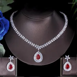 Colar Brincos Set ThreeGraces Gorgeous Red Cubic Zirconia Stone Big Water Drop Nupcial Wedding Party Jewelry For Women TZ904