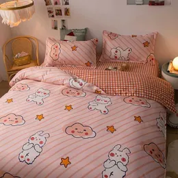 Set di biancheria da letto Ins Cute Cartoon Set di biancheria da letto Set di lenzuola Lenzuolo piatto Copripiumino Coniglio Stella Cute Pink Girls Biancheria da letto Z0612