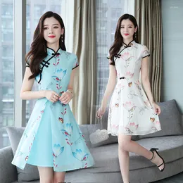 Casual klänningar kinesisk stil förbättrad utsökt qipao miniklänning kvinnor vingtage stativ krage spänne tryckt kvinnlig slim parti prom