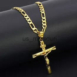 Hänge halsband verkliga 10k gul fast fint guld gf Jesus Cross Crucifix Charm Big Pendant 5535mm Figaro Chain Necklace 24 J230612
