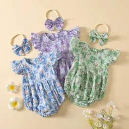 Jumpsuits Girl Floral Ruffled Jumpsuit+Headband 2-Piece Printed Shirt Jumpsuit Baby Summer Clothing Set G220606