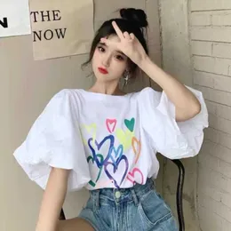 T-Shirt O-neck Puff Sleeve Design Women's Summer 2023 Fresh Sweet Cartoon Bear Print Top Fashion Elegant Warm T-shirt G220612