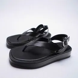 Sandálias de verão sapatos femininos preto liso couro sandálias da moda com cadarço sola grossa sandálias com tira no tornozelo para mulheres ZA chinelos de dedo do pé J230612