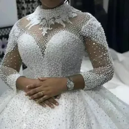 Арабский дубайский женское свадебное платье 2023 Высокая шея иллюзия с длинными рукавами бусинки жемчужины