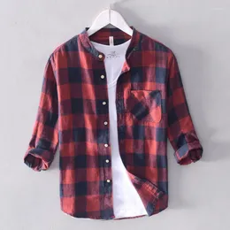 Men's Casual Shirts Mens Cotton Linen Plaid 3/4 Sleeve Shirt Men Stand Collar Flax Social Business Dress Male Tops Cloth TS-506